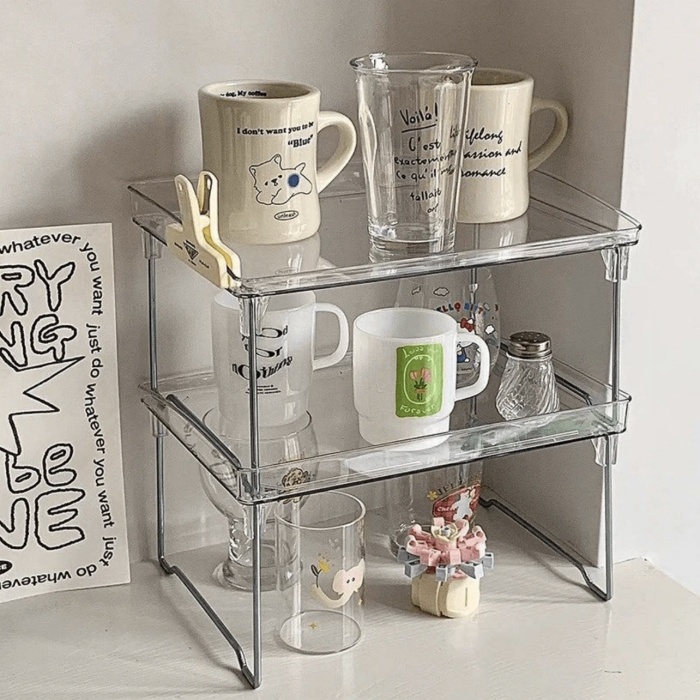 Foldable Clear Acrylic 2-Tier Storage Rack – Desktop Organizer for Kitchen, Bathroom & Vanity