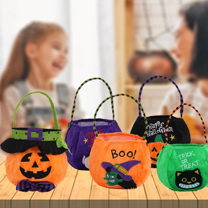 Halloween Trick-or-Treat Tote Bags – Round Pumpkin Candy Gift Bags with Witch Hats for Kids