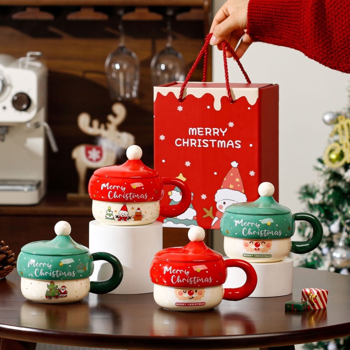 Christmas Cartoon Ceramic Mug Gift Set – Santa Claus Holiday Cups with Lid & Spoon